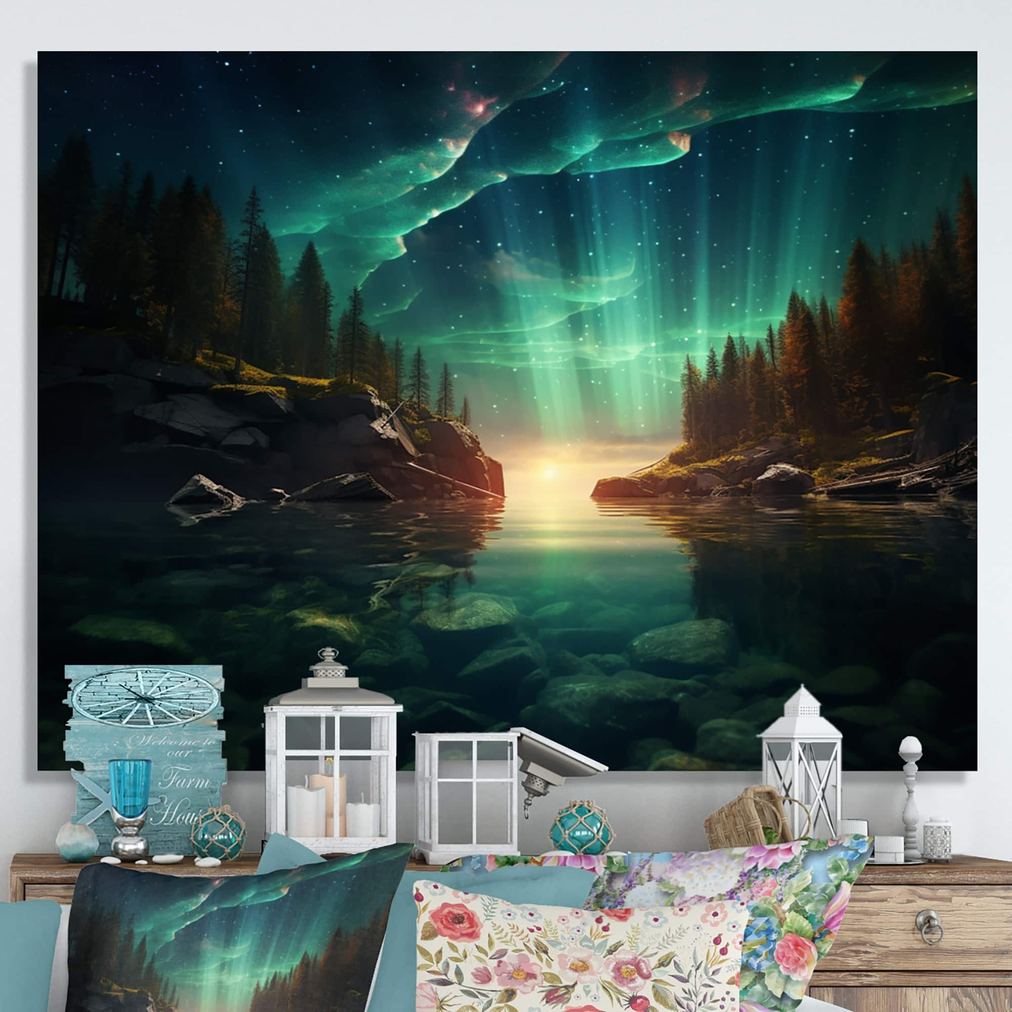 Designart "Magical Lake Landscape Aurora Borealis I" Northern Lights